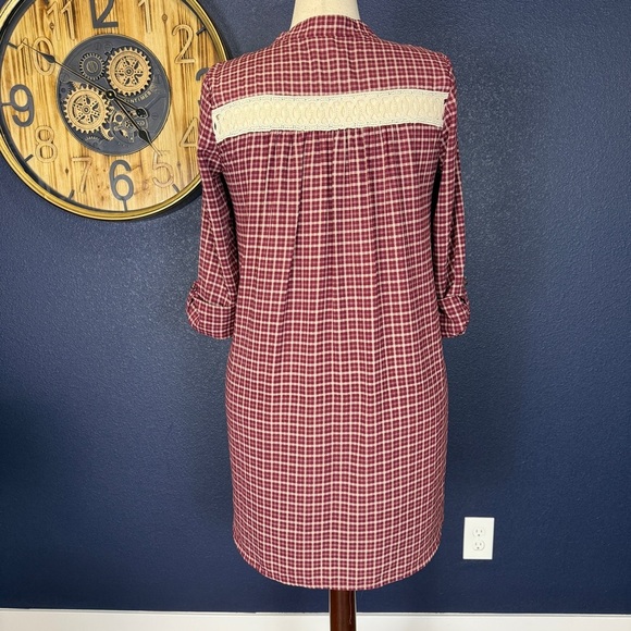 Pink Owl Maroon Plaid Mini Dress with Crochet Detail, Size Large - Picture 4 of 8